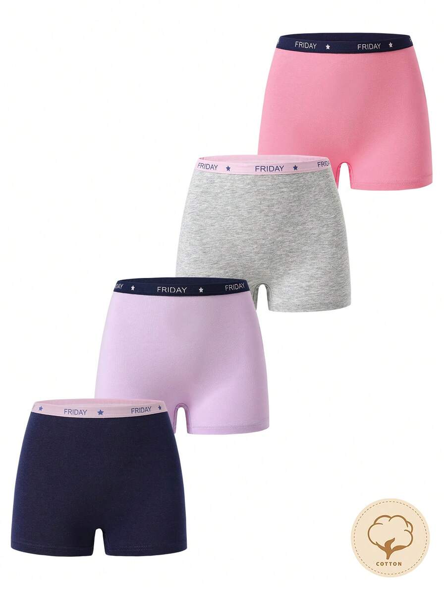 Sparklyn 4件套女童纯棉纯色内裤套装，包括藏青色、玫红色、紫色、浅灰色，可爱腰带印花 - 彩色 - 查看 1