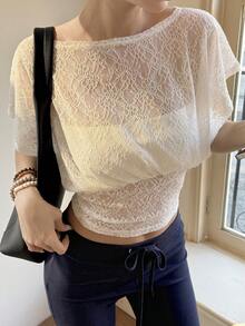 Livesso Women's Solid Color Lace Patchwork Sexy T-Shirt - White - View 7