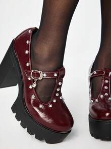 ROMWE Women's High Heels And Shoes Red High Heels, Dark Rock Punk Gothic Shoes, Closed Toe T-Shaped With Rivets, Y2K Dress Shoes, Mary Jane Leather Shoes, Japanese JK Uniform Shoes Valentine's Day - Red rivet - View 2