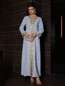 SHEIN Najma Áo choàng dài dáng rộng thanh lịch viền ren dành cho nữ - Màu xanh bụi bặm - Xem 4