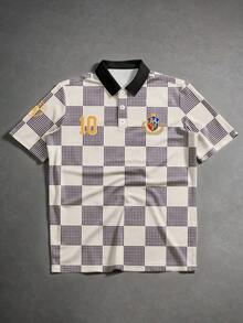 Manfinity Campus Court 复古学院风格子 Polo 衫，宽松版型，运动感十足，饰有 10 号徽章，男士复古衬衫，足球衫，夏季女装，春夏女装上衣，夏季女装衬衫，男士服装，图案 T 恤，女士衬衫，复古衬衫，格子衬衫 - 彩色 - 查看 3