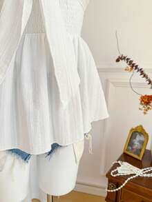 Elamini Áo sơ mi ngắn tay thắt nơ xinh xắn dành cho nữ, áo kiểu chữ A bằng chất liệu cotton nguyên chất. - trắng - Xem 3