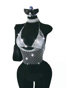 EgrlEra Women's Hollow Out Rhinestone Embellished Sexy Halter Crop Top - Light Grey - View 3