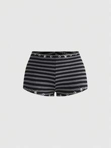ROMWE Grunge Punk Sexy Metal Grommet Design Striped Super Low-Rise Mini Shorts - Multicolor - View 1