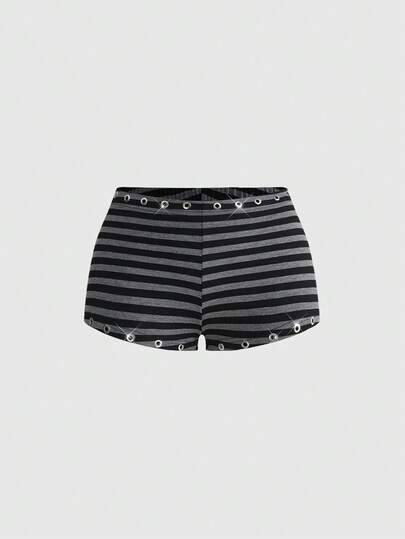 ROMWE Grunge Punk Sexy Metal Grommet Design Striped Super Low-Rise Mini Shorts
