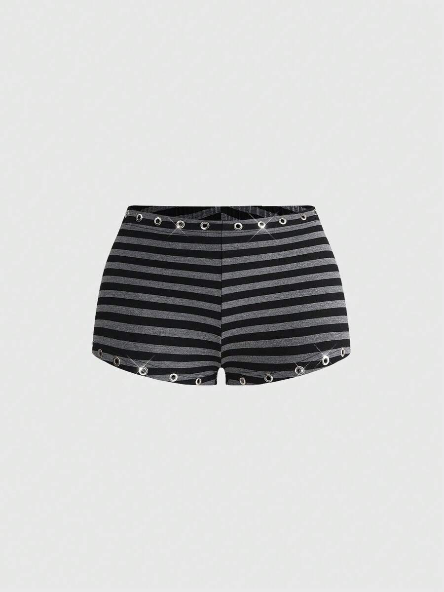 ROMWE Grunge Punk Sexy Metal Grommet Design Striped Super Low-Rise Mini Shorts - Multicolor - View 1