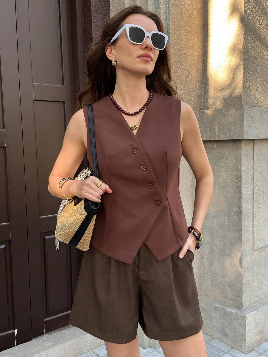 SHEIN Clasi Camisa casual sin mangas de un solo pecho de unicolor para mujer - Marrón - Ver 1