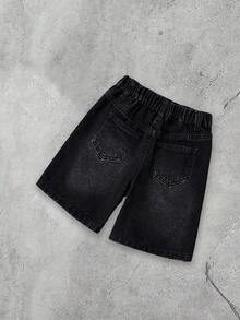 SHEIN Young Boy New Distressed Urban Street Style Graffiti Letter & Flame Print Black Denim Loose Jeans Shorts Spring Summer, For Kids Boy Spring/Summer Dailywear,Boys Streetwear,Beach Vacation For Boys, Summer Boho,Casual For Boys,Graphic Short Boys, Shorts,4-Year-Old Boys Short,Summer Short,Casual Shorts - Black - View 3