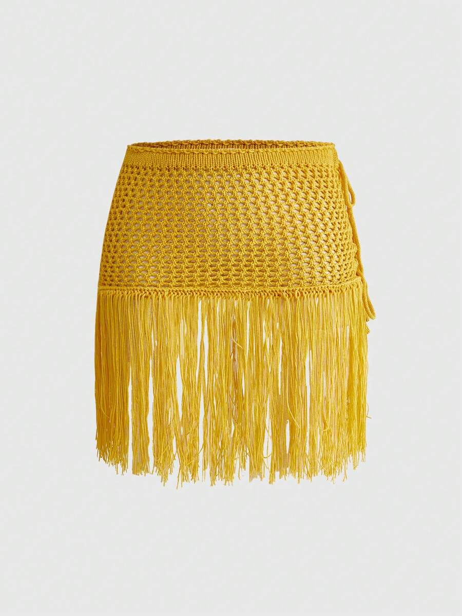 ROMWE Chân váy dệt kim màu trơn có tua rua ở gấu váy dành cho nữ - Màu vàng - Xem 1