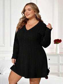 Enliva Plus Size Women Long Sleeve Sweater Dress, A-Line Hem Cable Knit Dress, For Apple & Rounded Body Shape - Black - View 5