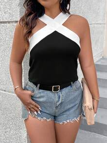 SHEIN PETITE CURVE Áo nữ cỡ lớn phối màu, kiểu dáng đan chéo bằng kim loại, thích hợp mặc hàng ngày. - Đen và trắng - Xem 6