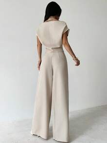 Firerie 女士休闲优雅亚麻外观领落肩袖修身衬衫，适合办公室、返校、秋季、复古风格、工作上衣、教师装 - 杏色 - 查看 2