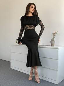 Modelyn Vestido de manga larga ajustado con cuello redondo, encaje, parches, pliegues y bajo de cola de sirena vintage para mujeres - Negro - Ver 5