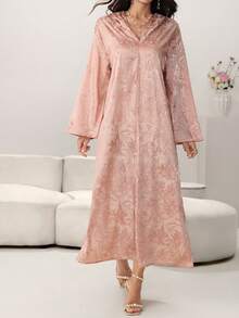 Yasmyna 女士春夏粉色梭织印花长袖连帽优雅土耳其长裙和阿拉伯传统长袍 - 粉色 - 查看 5