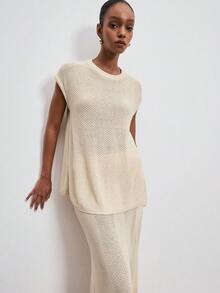 ATUI Studio 女士休闲度假风纯色针织短袖上衣和半裙两件套 - 杏色 - 查看 3