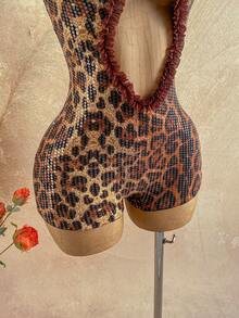 Soleia Mono de mujer con estampado de leopardo, volantes con lentejuelas y recortes calados, sexy - Café integral - Ver 4