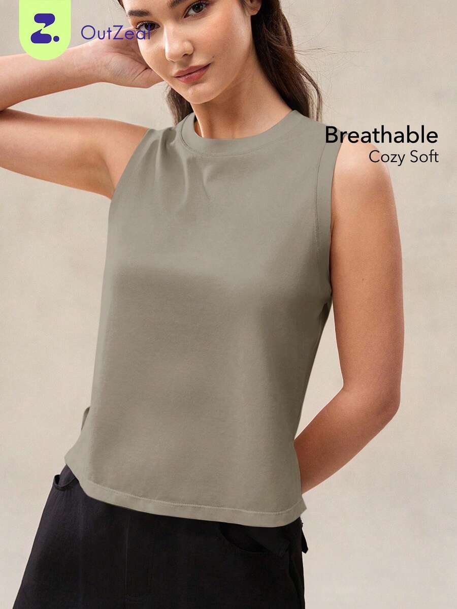 OutZeal 女士运动背心 日常健身服 柔软莫代尔混纺弹力弧形下摆 - 卡其色 - 查看 1