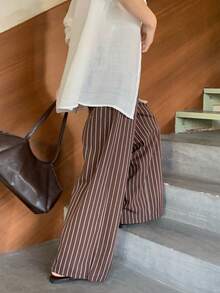DAZY Women's New Loose Drawstring Striped Wide Leg Casual Pants - Coffee Brown - View 1