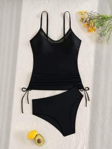 Swim Lushoire Women's Black Mesh Splice Drawstring Tie Tankini Top And Solid High Waist Bottoms 2-Piece Swimsuit, Suitable For Beach, Vacation, Casual Wear - Black - View 8