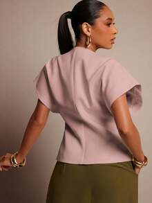 Vixey Solid Textured Woven Asymmetrical Hem Single Button Waistcoat Top - Baby Pink - View 5