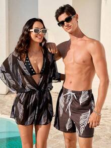 Manfinity VDAYZ Men's All-Over Print Drawstring Waist Slant Pocket Casual Vacation Beach Shorts - Black and White - View 1