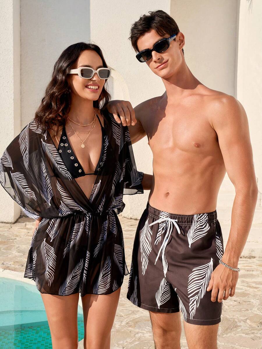 Manfinity VDAYZ Men's All-Over Print Drawstring Waist Slant Pocket Casual Vacation Beach Shorts - Black and White - View 1