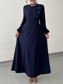 Rafferiza Women's Casual Ruched Unique Button Tie-Up Flared Dress, Navy Blue - Navy Blue - View 4