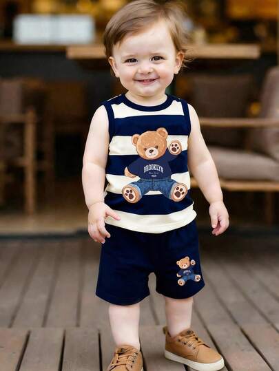 2pcs Baby Boy Outfit, Cute Casual Striped Brooklyn Bear Print Tank Top Paired With Navy Blue Shorts, Suitable For Summer Outings