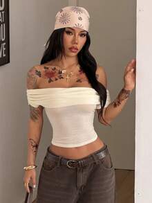 Coolane Women's Spring/Summer Y2K Concert Rave Festival Going Out Rave Renaissance Fair Clubs Party Hippie Off The Shoulder Tee - Apricot - View 2