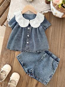 SHEIN 2件套女婴夏季短袖白色刺绣领衬衫搭配短裤，休闲两件套，适合外出和度假 - 藍色 - 查看 6