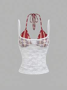 Sweetra Nuevo diseño de camiseta sin mangas asimétrica de 2 en 1 ajustada y con estampado de rayas vintage, para primavera/verano - Multicolor - Ver 7