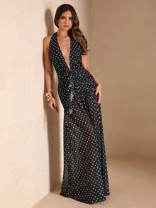 SHEIN BAE 黑色波点露背系带高开衩连衣裙，优雅百搭，适合派对、度假、宴会、婚礼、夜生活、浪漫约会以及春夏穿着。 - 黑色 - 查看 6