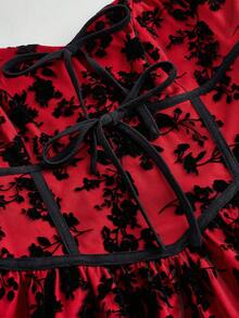 SHEIN CURVE+ 加大码/情人节/女士复古黑色网纱刺绣蝴蝶结吊带A字摆短款迷你连衣裙 - 彩色 - 查看 3