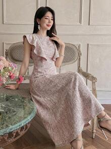 DAZY 女士优雅纹理荷叶边下摆圆领中长连衣裙，夏季 - 粉色 - 查看 1