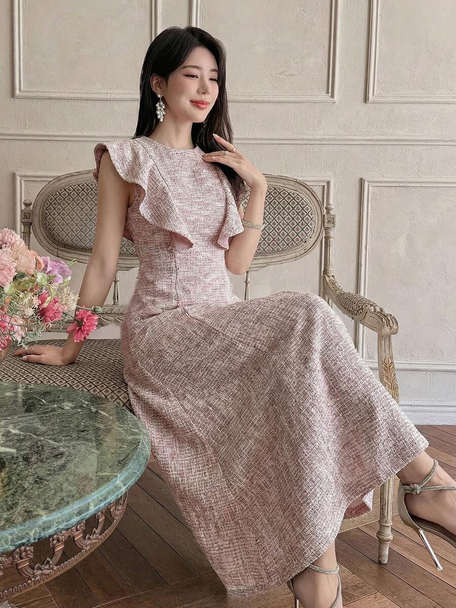 DAZY 女士优雅纹理荷叶边下摆圆领中长连衣裙，夏季 - 粉色 - 查看 1