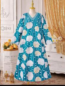 Vestido de estilo medio oriental para niña preadolescente, vestido de manga larga con estampado retro digital de perlas y conchas, adecuado para ir al trabajo, salidas y uso diario - Azul - Ver 5