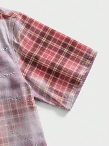 NEON BLANC Men's Plaid Print Rhinestone Embellished Denim Shirt - Pink - View 5