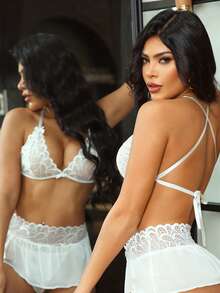 SHEIN 3pcs Sexy Lace Patchwork Lingerie Set - White - View 7