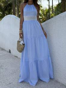 Sunnyshic Women's Blue Striped Summer Halter Backless Contrast Lace Slim Fit Sexy Beach Vacation Party Dress - Blue - View 4