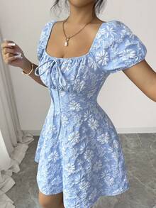 Rafferiza Women's French Elegant Minimalist Square Neck Short Sleeve Bow Tie Waist Decor Short Casual Jacquard Dress Puff Dress Baby Blue Dress Women Milkmaid Dress Women Puff Sleeves Dresses Short Blue Dress - Blue - View 5