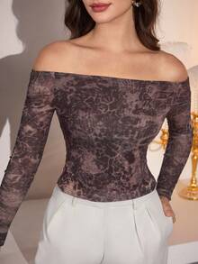 Modelyn Women's Elegant Mesh Print Off Shoulder Neck T-Shirt, Suitable For Outings And Dates, Autumn/Winter - Multicolor - View 5