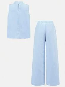 Tween Girls Blue & White Striped Camisole Top And Pants Set - Blue and White - View 2