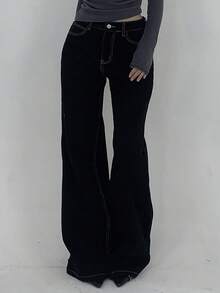 DAZY Women's Casual Contrast Stitch Wide Leg Jeans, - Black - View 7