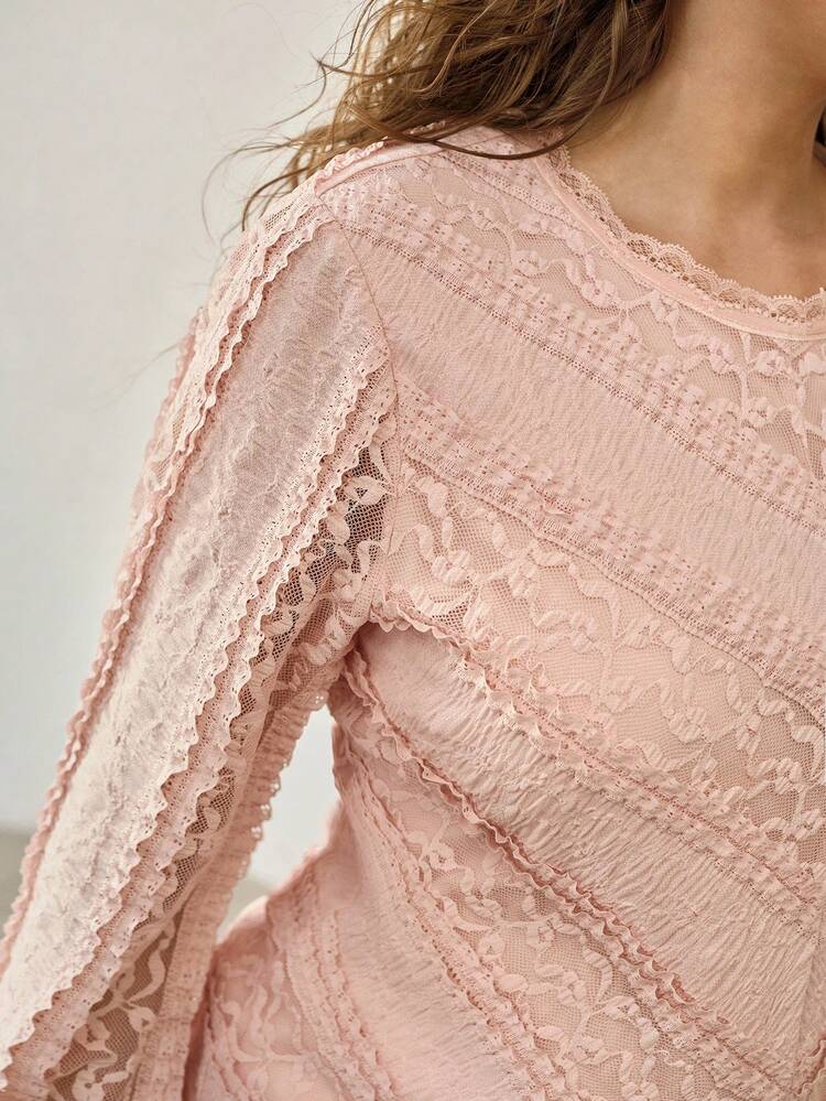 플러스 사이즈 여성 우아한 대비 레이스 트림 긴 소매 블라우스