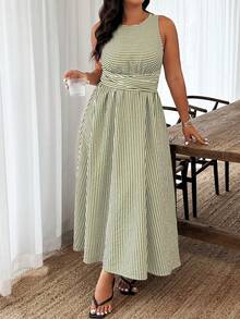 Weeklong Plus Size Summer Casual Striped Round Neck Sleeveless Dress - Multicolor - View 4