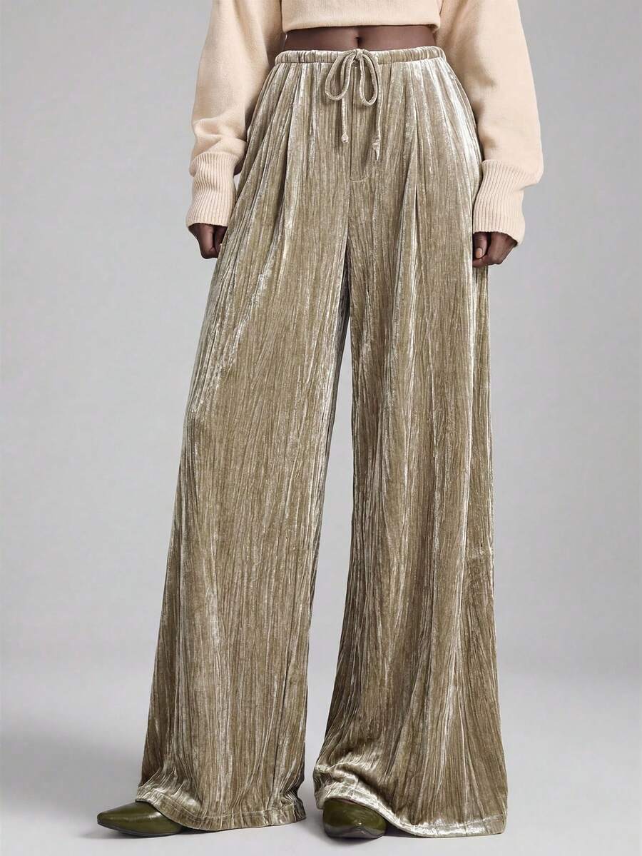 Ontre 女士百搭丝绒面料舒适柔软直筒裤，前褶设计，弹性腰带，适合都市通勤、商务、休闲、办公穿着，也适合圣诞节、新年派对等优雅场合。 - 灰色 - 查看 1