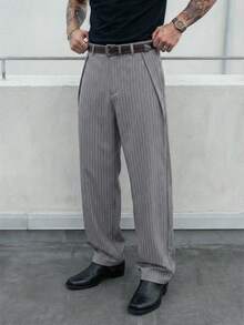 GENTILAND Men's Casual Versatile Commuting Striped Wide Leg Pants Men Pants Dress Japanese Pants Mens Wide Leg Pants Gray Pants Pinstripe Pants - Grey - View 5