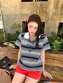 DAZY Women's Polo Collar Striped Short Sleeve T-Shirt, Loose Fit Top Summer - Black and White - View 7
