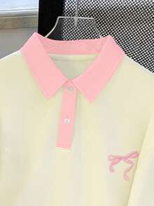 Resyla Women's Casual Contrast Trim Bow Print Collared Short Sleeve Top, Summer - Light Yellow - View 3