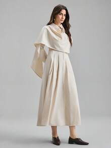 Ontre Đầm sơ mi dài tay thanh lịch màu trơn dành cho nữ, thiết kế bất đối xứng. - Màu be - Xem 5